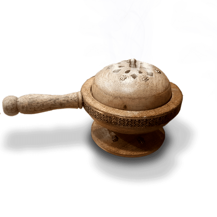 Wooden Incense Burner with handle and brass motives